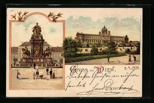 Lithographie Wien, Maria-Theresien-Denkmal und K.K. Museum