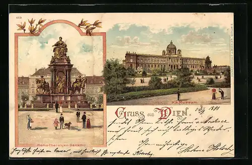 Lithographie Wien, Spaziergänger vor dem Maria-Theresien-Denkmal und K.K. Museum
