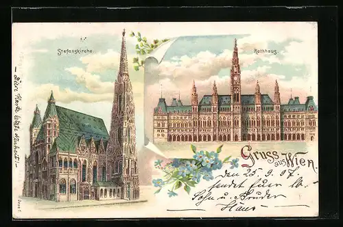 Lithographie Wien, Stefanskirche und Rathaus