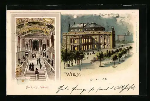 Lithographie Wien, Hofburg-Theater mit Hauptstiege
