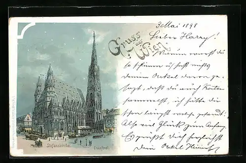 Lithographie Wien, Stefanskirche bei Nacht