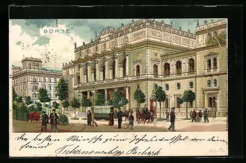 Lithographie Wien, Spaziergänger vor der Börse