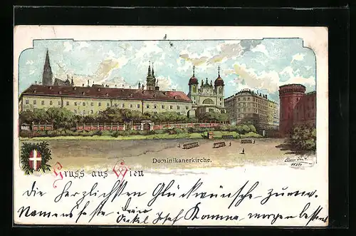 Lithographie Wien, Soldaten vor der Dominikanerkirche