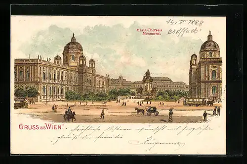 Lithographie Wien, Maria-Theresia Monument mit Kutschen