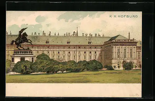 Lithographie Wien, Blick auf die K.K. Hofburg mit Denkmal