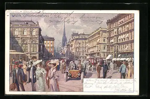 AK Wien, Autos und Spaziergänger auf der Opernkreuzung