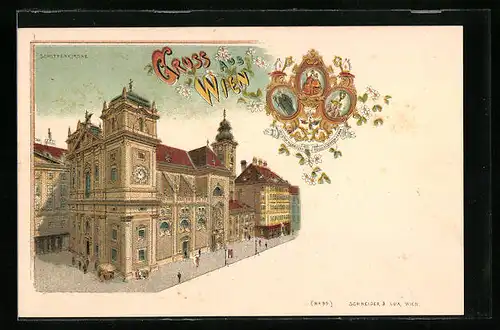 Lithographie Wien, Spaziergänger vor der Schottenkirche