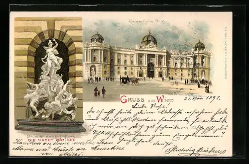 Lithographie Wien, Kaiserliche Burg und Brunnen an der Hofburg