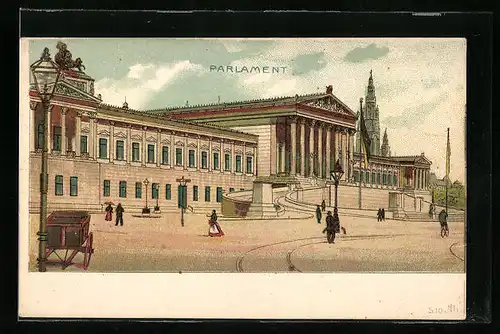 Lithographie Wien, Passanten vor dem Parlament