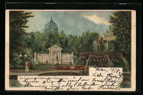 Lithographie Wien, das Grillparzer Denkmal im Volksgarten