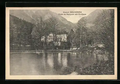 AK Reichenau, Teich im Kurpark mit Kurhaus