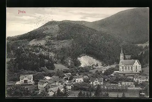 AK Prein a. d. Rax, Ortsansicht mit Kirche aus der Vogelschau