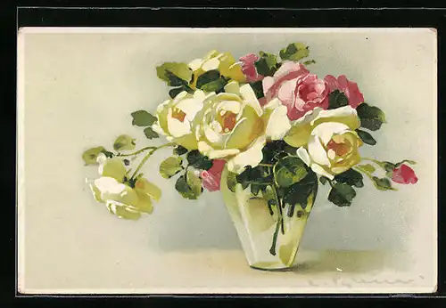 Künstler-AK Catharina Klein: Weisse und rosa Rosen in der Vase