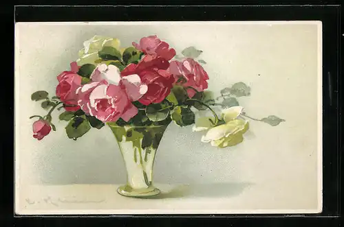 Künstler-AK Catharina Klein: Rosa und weisse Rosen in der Vase