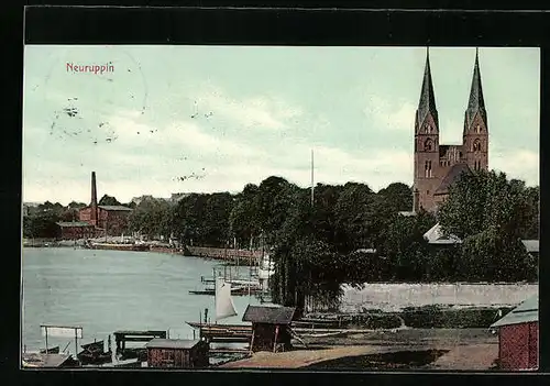 AK Neuruppin, Uferpartie, Blick zur Kirche