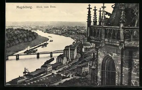 AK Magdeburg, Blick vom Dom, Elbpartie mit Dampfer und Brücke