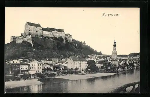 AK Burghausen, Ortsansicht und Flusspartie aus der Vogelschau