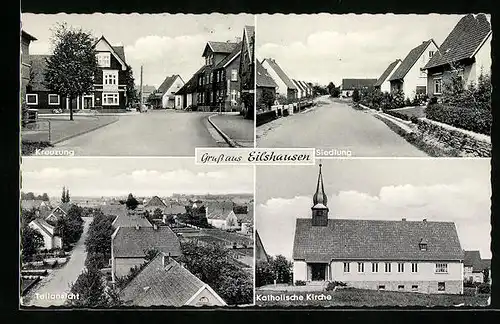 AK Eilshausen, Katholische Kirche, Siedlung, Kreuzung und Strassenpartie aus der Vogelschau