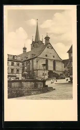 AK Pössneck / Thür., Marktbrunnen und Kirche