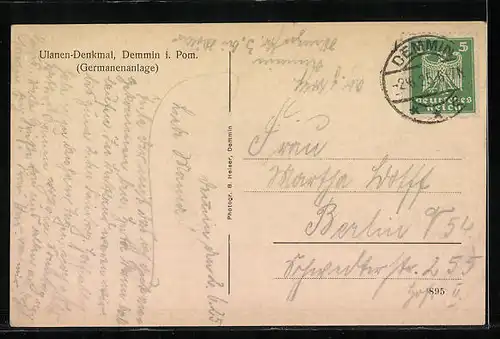 AK Demmin, Ulanen-Denkmal (Germanenanlage)