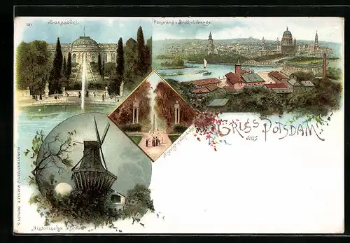 Lithographie Potsdam, Schloss Sanssouci, Historische Mühle, Panorama vom Brauhausberg