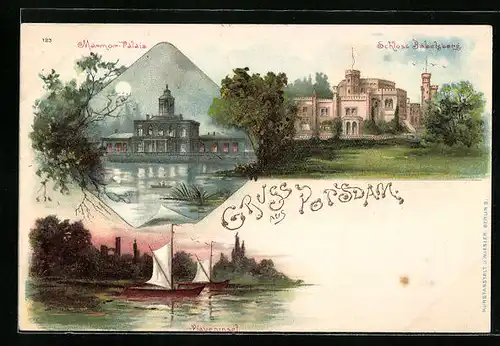 Lithographie Potsdam, Schloss Babelsberg, Marmor-Palais, Pfaueninsel