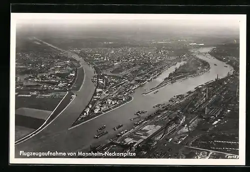 AK Mannheim, Neckarspitze vom Flugzeug aus gesehen