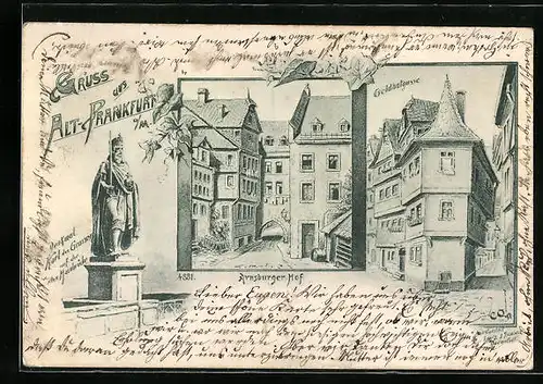 AK Alt-Frankfurt a. M., Goldhutgasse, Arnsburger Hof, Denkmal Karl der Grosse auf der alten Mainbrücke