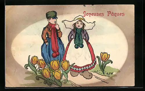 Künstler-AK M. Munk Nr. 512: Paar in Tracht mit Holzschuhen beim Frühlingsspaziergang, Joyeuses Paques!