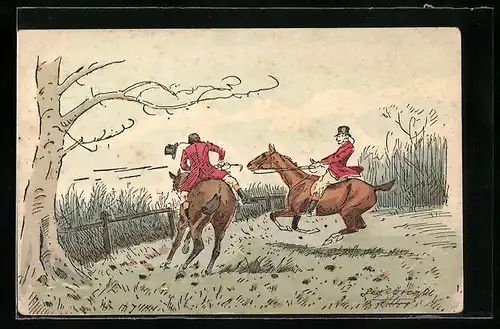 Künstler-AK M. Munk Nr. 126: Pferde einer Jagdgesellschaft scheuen vor einem Hindernis