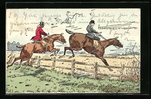 Künstler-AK M. Munk Nr. 126: Reiter überwinden mit ihren Pferden einen Zaun
