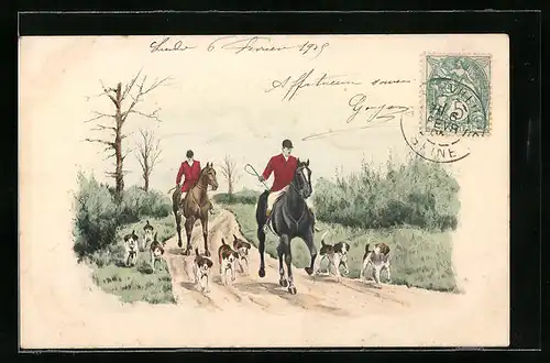 Künstler-AK M. Munk Nr. 94: Reiter werden von ihren Hunden begleitet