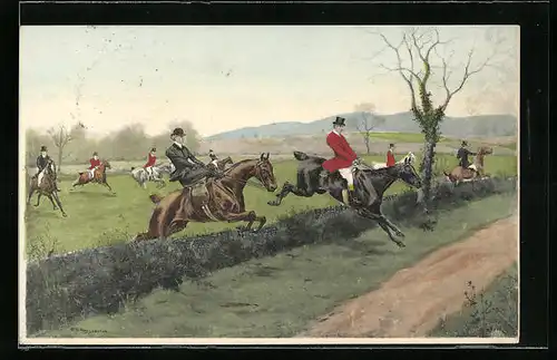 Künstler-AK M. Munk Nr. 107: Reiter überspringen einen Zaun