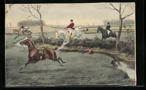 Künstler-AK M. Munk Nr. 107: Reiter stürzt vom Pferd und fällt in den Graben