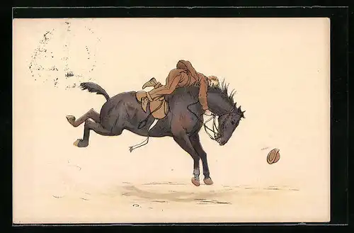 Künstler-AK M. Munk: Mann versucht sich auf dem wilden Pferd zu halten
