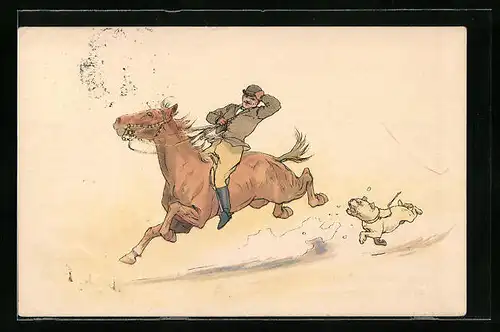 Künstler-AK M. Munk: Mann versucht sich auf dem durchgehenden Pferd zu halten