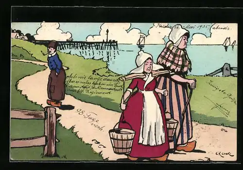 Künstler-AK M. Munk Nr. 174: Frauen mit Holzschuhen und weissen Hauben mit Wassereimern auf dem Heimweg