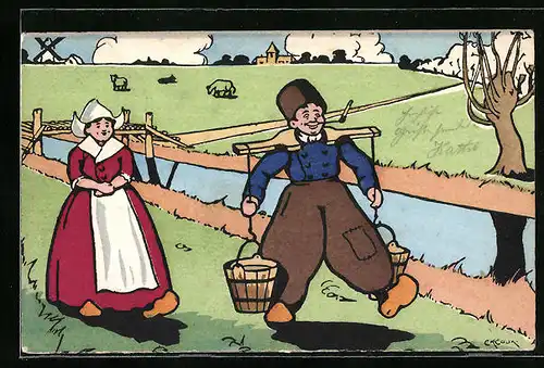 Künstler-AK M. Munk Nr. 174: Mann mit Holzschuhen trägt die Wassereimer für seine Frau