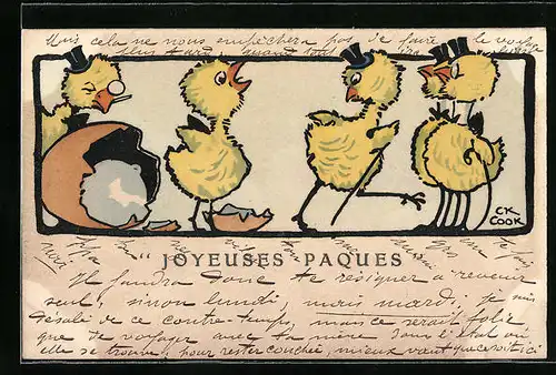 Künstler-AK M. Munk Nr. 248: Vermenschlichte Osterküken mit Zylinder betrachten den Nachwuchs, Joyeuses Paques!