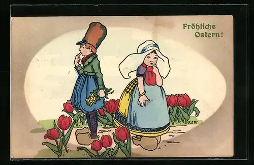 Künstler-AK M. Munk Nr. 512: Junges Paar steht ratlos zwischen roten Tulpen, Fröhliche Ostern!