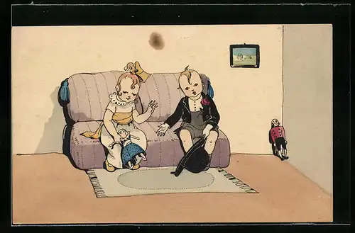 Künstler-AK M. Munk Nr. 918: Kinder verkleiden sich als Erwachsene und sitzen auf dem Sofa