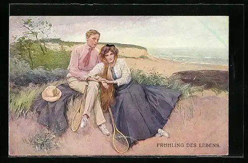 Künstler-AK M. Munk Nr. 1126: Paar sitzt mit Tennisschlägern am Strand, Frühling des Lebens