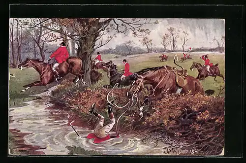 Künstler-AK M. Munk Nr. 337: Jäger stürzt von seinem Pferd in den Bach