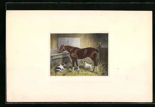 Künstler-AK M. Munk Nr. 266: Pferd steht mit zwei Hunden im Stall, Passepartout