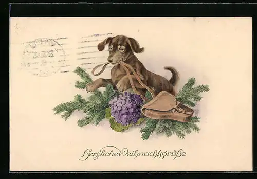 Künstler-AK M. Munk Nr. 1109: Hund schnappt sich das Lederband der Tasche, Herzliche Weihnachtsgrüsse!