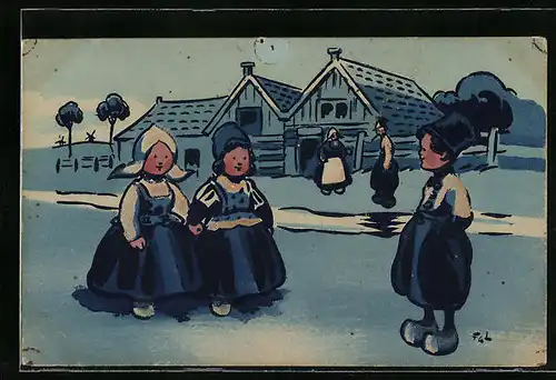 Künstler-AK M. Munk Nr. 587: Junge in Tracht mit Holzschuhen spricht zwei Mädchen auf der Strasse an