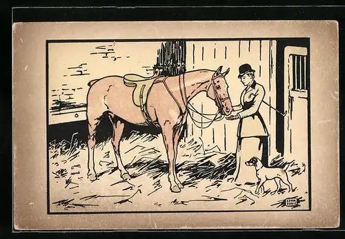 Künstler-AK M. Munk Nr. 361: Reiterin gibt ihrem Pferd einige Zuckerstücke