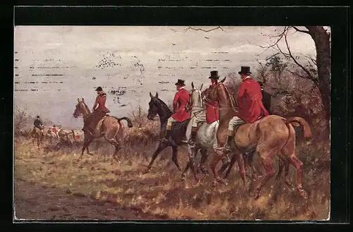 Künstler-AK M. Munk Nr. 528: Jagdgesellschaft mit Pferden auf dem Weg ins Gelände
