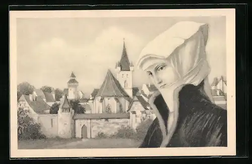 Künstler-AK M. Munk Nr. 137: Junge Frau mit weisser Haube vor Dorfkulisse