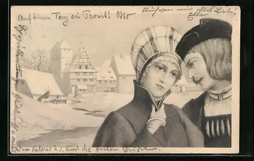 Künstler-AK M. Munk Nr. 137: Paar vor verschneiter Dorfkulisse